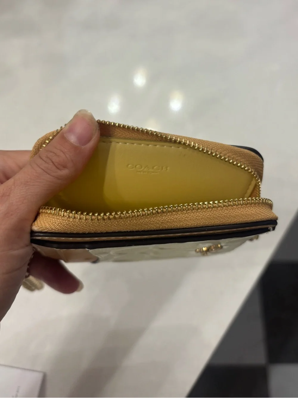 Coach Cream and Tan Signature Leather Cardholder with Charm Chain (New)